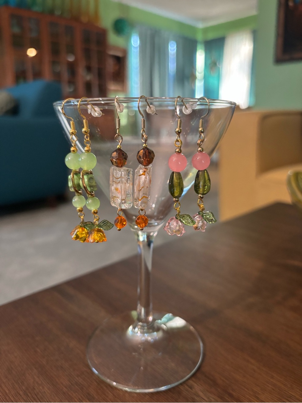 Handmade Green & Pink Glass Bead Dangle Earrings - Set of 3